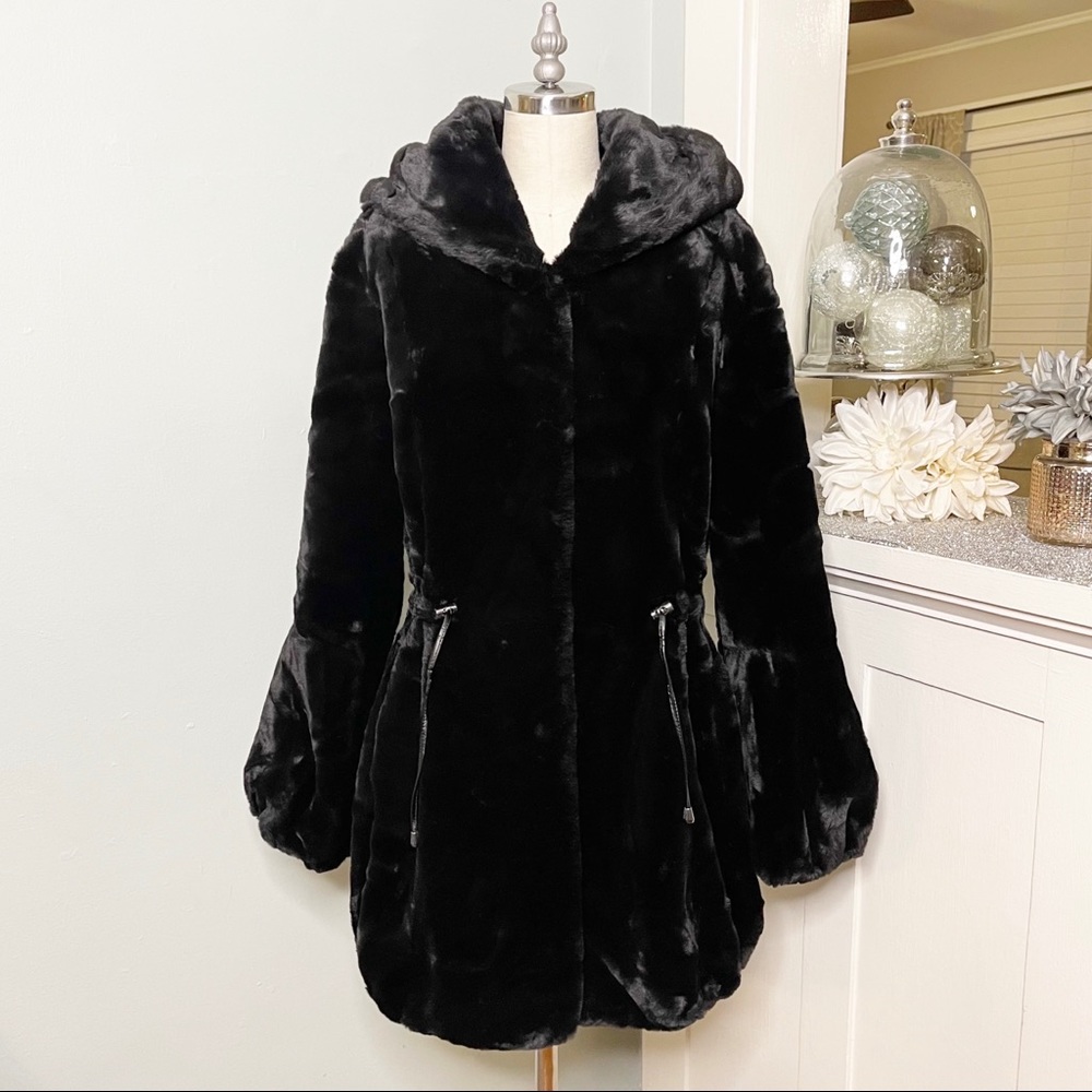 Fabulous Furs Black Hooded Sheared Faux Fur Beaver Anorak Winter Coat Size Small - Picture 4 of 16